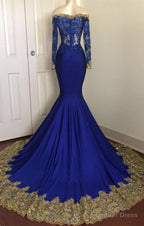 Off The Shoulder Royal Blue Prom Dress Gold Lace Appliques Chic Prom Dresses with Sleeve