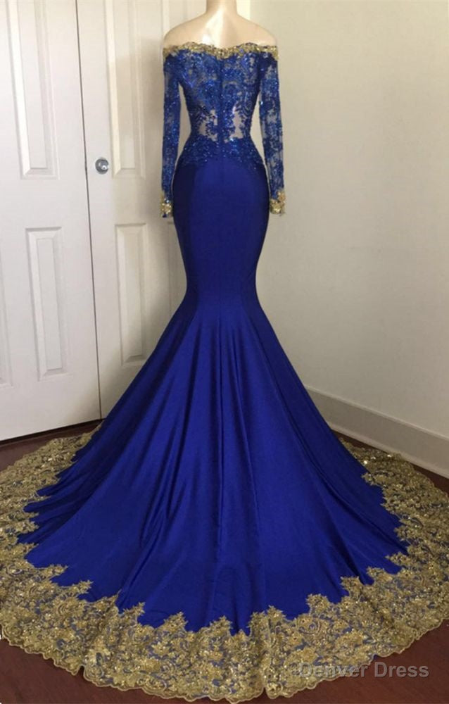 Off The Shoulder Royal Blue Prom Dress Gold Lace Appliques Chic Prom Dresses with Sleeve