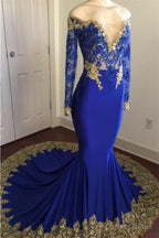 Off The Shoulder Royal Blue Prom Dress Gold Lace Appliques Chic Prom Dresses with Sleeve