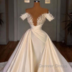 Off the Shoulder Sequined Fur Satin Wedding Party Gown Sleeveless/Long Sleevess styles