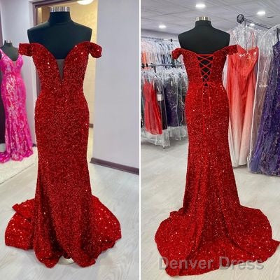 Off The Shoulder Sequins Prom Dresses Mermaid Long Evening Dresses
