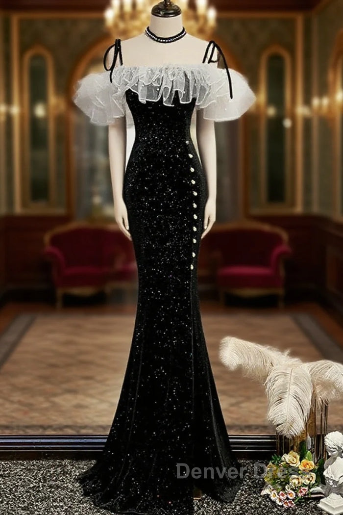 Off The Shoulder Shiny Black Mermaid Prom Dresses, Off Shoulder Shiny Black Long Formal Evening Dresses Main image