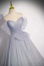 Off the Shoulder Shiny Gray Long Prom Dress, Off Shoulder Gray Long Prom Dresses