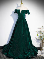 Off the Shoulder Shiny Green Black Long Prom Dress, Green Black Long Prom Dresses