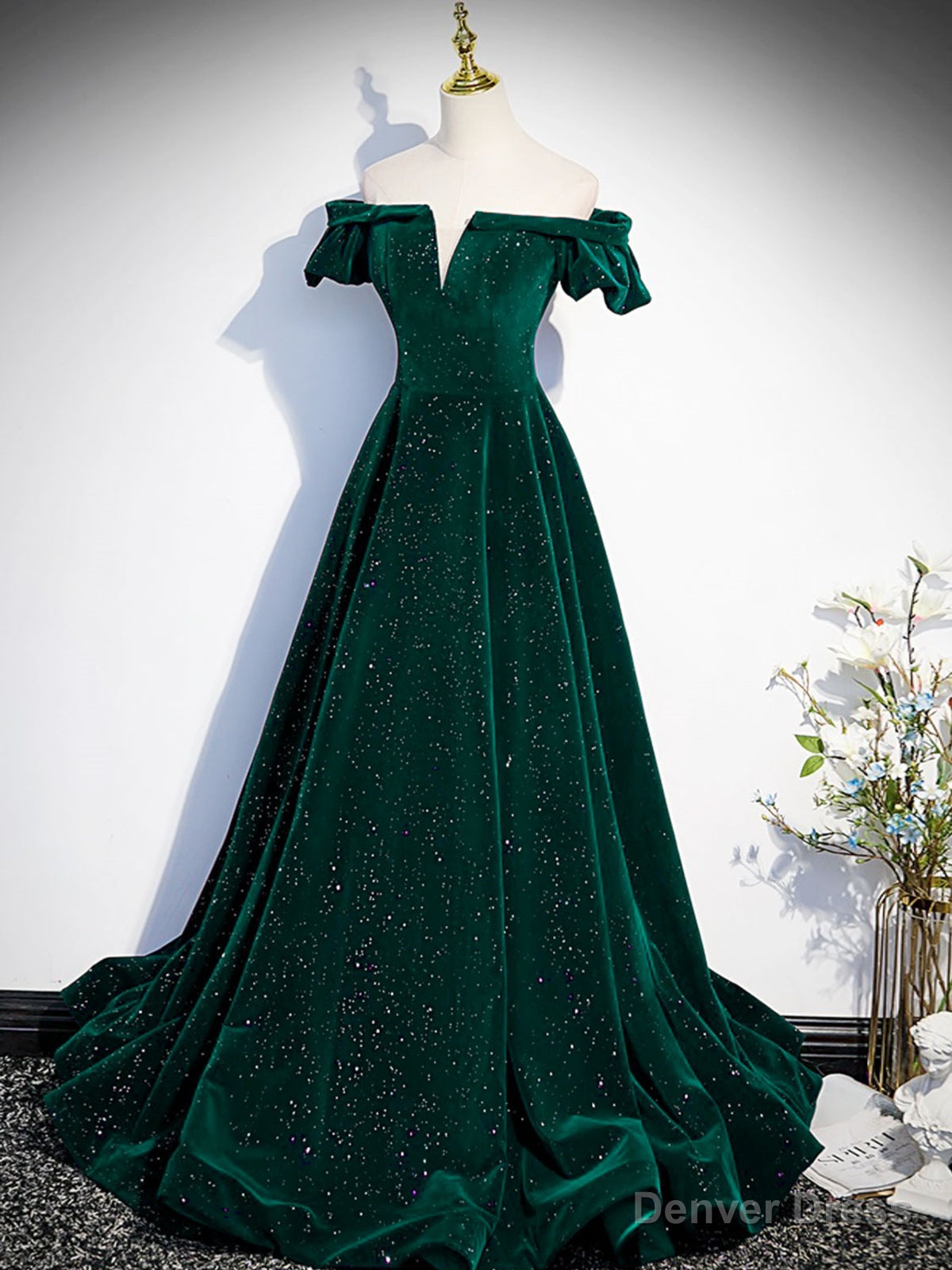 Off the Shoulder Shiny Green Black Long Prom Dress, Green Black Long Prom Dresses