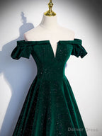 Off the Shoulder Shiny Green Black Long Prom Dress, Green Black Long Prom Dresses