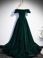 Off the Shoulder Shiny Green Black Long Prom Dress, Green Black Long Prom Dresses