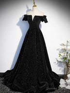 Off the Shoulder Shiny Green Black Long Prom Dress, Green Black Long Prom Dresses