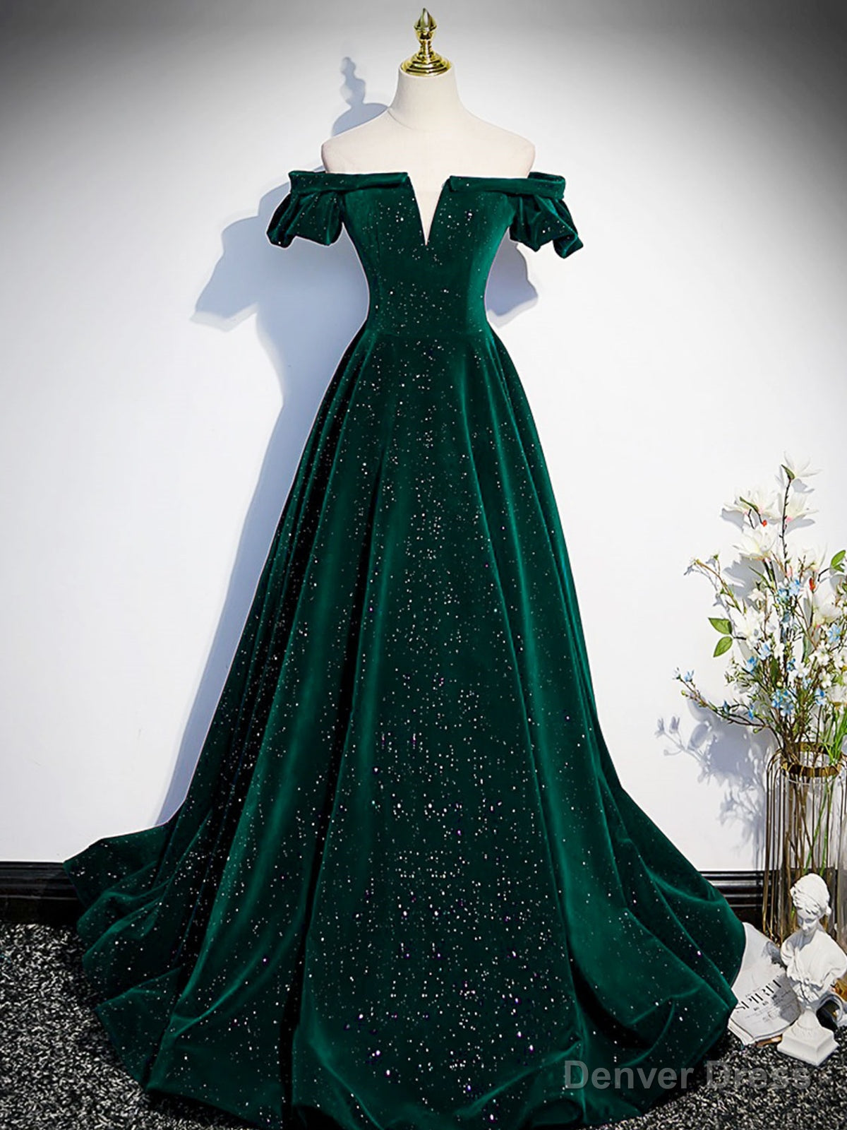 Off the Shoulder Shiny Green Black Long Prom Dress, Green Black Long Prom Dresses