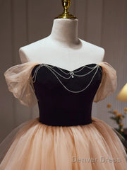Off The Shoulder Short Black Champagne Prom Dresses, Short Black Champagne Graduation Homecoming Dresses
