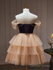 Off The Shoulder Short Black Champagne Prom Dresses, Short Black Champagne Graduation Homecoming Dresses