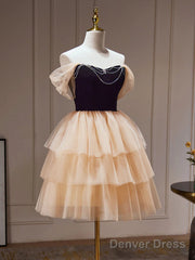 Off The Shoulder Short Black Champagne Prom Dresses, Short Black Champagne Graduation Homecoming Dresses