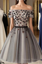 Off The Shoulder Short Black Floral Prom Dresses, Short Black Floral Graduation Homecoming Dresses