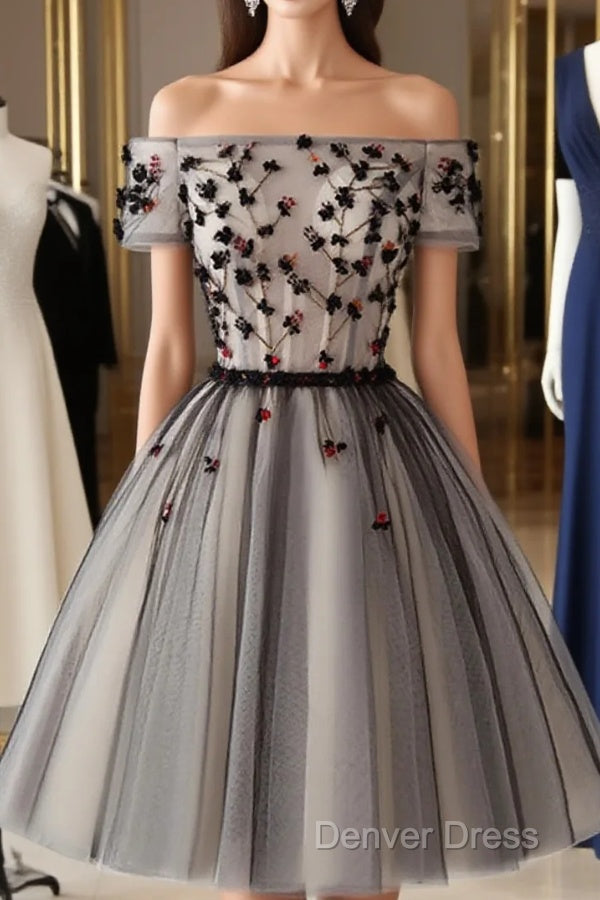 Off The Shoulder Short Black Floral Prom Dress, Short Black Floral Graduation Homecoming Dresses Main image