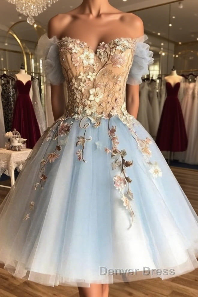 Off the Shoulder Short Blue Lace Floral Prom Dresses, Off the Shoulder Short Blue Lace Graduation Homecoming Dresses Main image