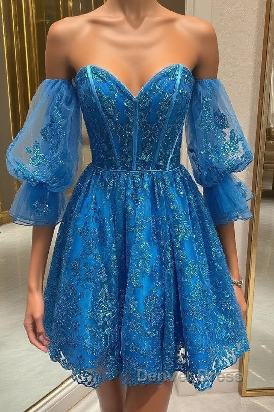 Off the Shoulder Short Blue Lace Prom Dresses, Short Blue Lace Formal Homecoming Dresses Main image