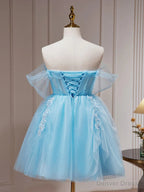 Off the Shoulder Short Blue Prom Dress, Short Blue Lace Prom Homecoming Dresses
