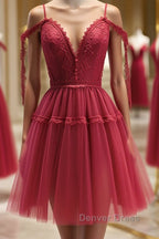 Off the Shoulder Short Burgundy Lace Prom Dress, Wine Red Short Lace Prom Graduation Dresses