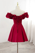 Off the Shoulder Short Burgundy Prom Dress, Short Wine Red Graduation Homecoming Dresses