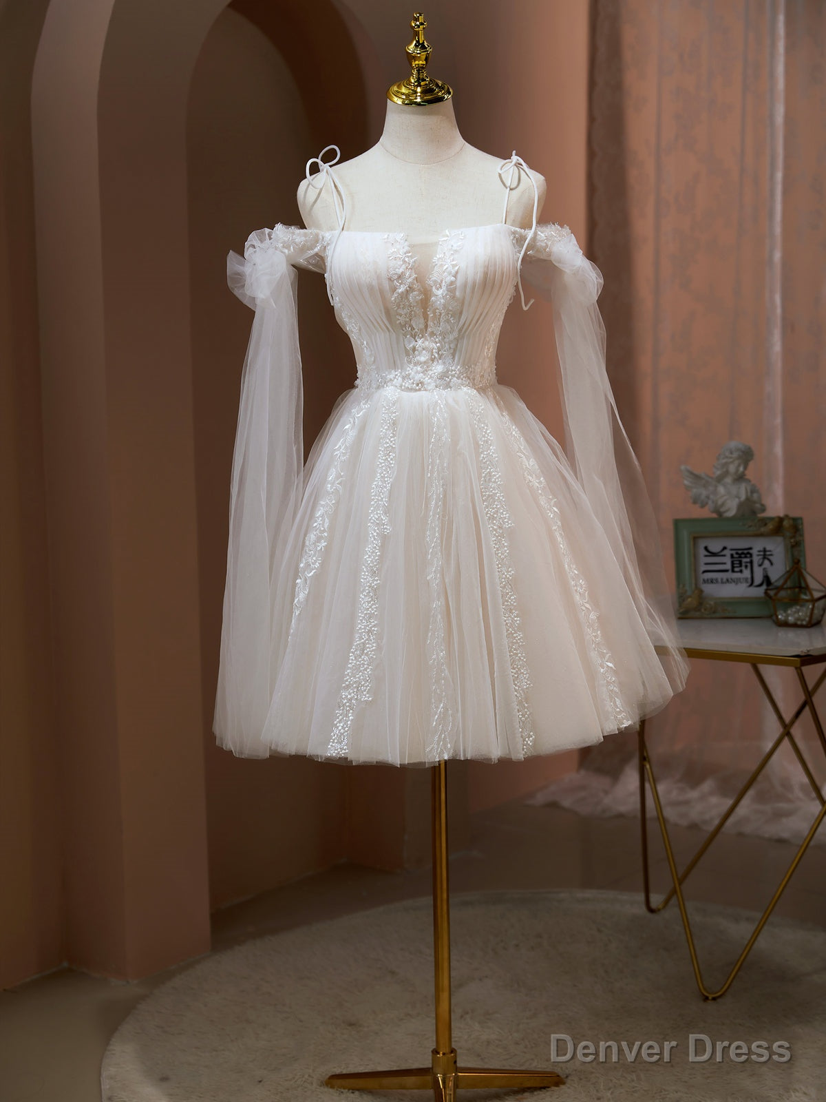 Off the Shoulder Short Champagne Prom Dress, Short Champagne Prom Homecoming Dresses