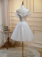 Off the Shoulder Short Champagne Tulle Prom Dress, Short Prom Homecoming Dresses