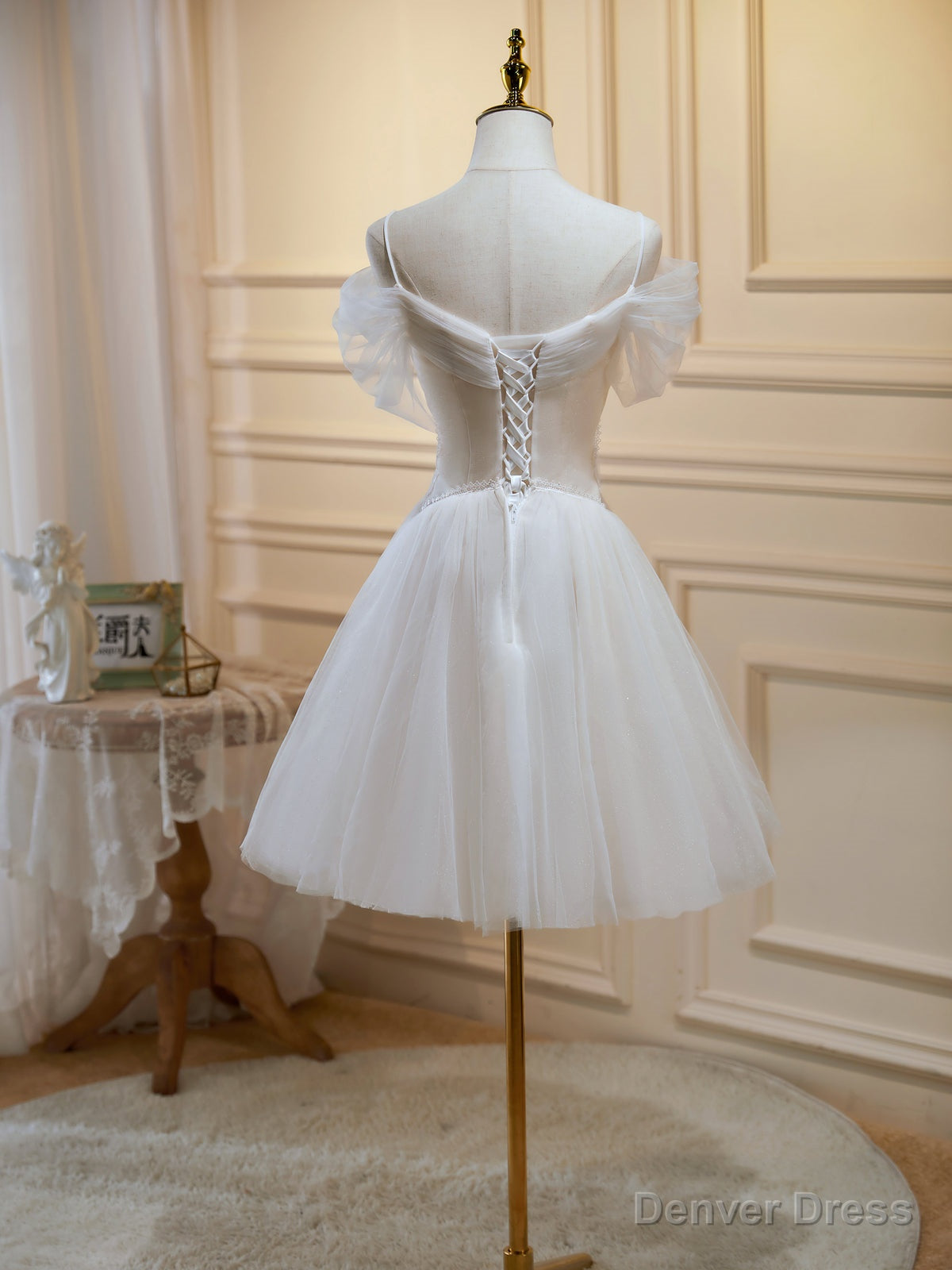 Off the Shoulder Short Champagne Tulle Prom Dress, Short Prom Homecoming Dresses