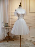 Off the Shoulder Short Champagne Tulle Prom Dress, Short Prom Homecoming Dresses