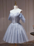 Off The Shoulder Short Gray Beaded Prom Dress, Short Gray Beaded Graduation Homecoming Dresses