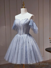 Off The Shoulder Short Gray Beaded Prom Dresses, Short Gray Beaded Graduation Homecoming Dresses