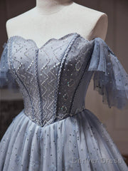 Off The Shoulder Short Gray Beaded Prom Dresses, Short Gray Beaded Graduation Homecoming Dresses