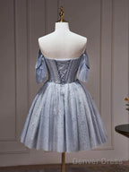Off The Shoulder Short Gray Beaded Prom Dress, Short Gray Beaded Graduation Homecoming Dresses
