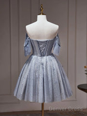 Off The Shoulder Short Gray Beaded Prom Dresses, Short Gray Beaded Graduation Homecoming Dresses