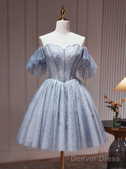 Off The Shoulder Short Gray Beaded Prom Dresses, Short Gray Beaded Graduation Homecoming Dresses