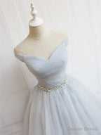 Off the Shoulder Short Gray Prom Dress, Short Beaded Gray Graduation Homecoming Dresses