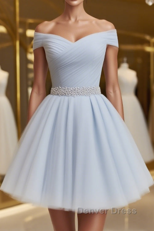 Off the Shoulder Short Gray Prom Dress with Coset Back, Short Beaded Gray Graduation Homecoming Dresses Main image