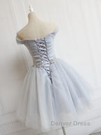 Off the Shoulder Short Gray Prom Dress with Coset Back, Short Beaded Gray Graduation Homecoming Dresses