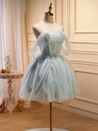 Off the Shoulder Short Green Beaded Prom Dress, Short Green Prom Graduation Dresses