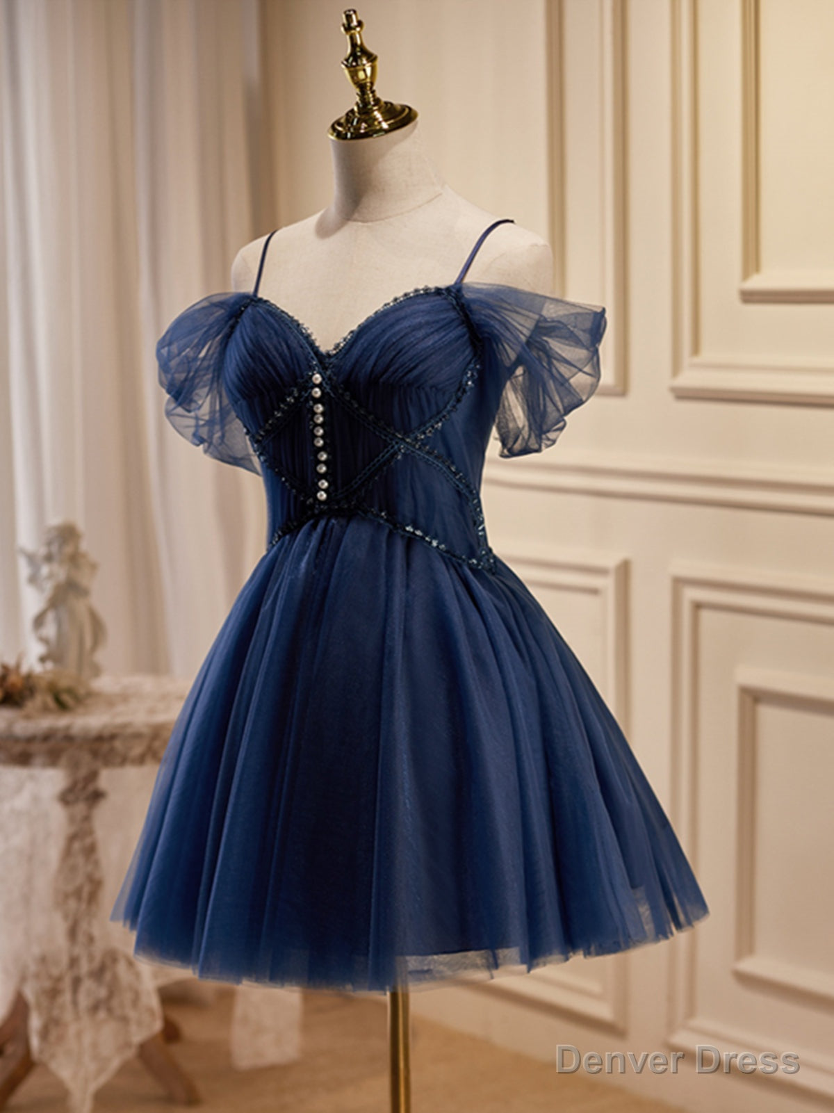 Off the Shoulder Short Navy Blue Prom Dress, Dark Blue Off Shoulder Graduation Homecoming Dresses Main image