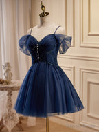 Off the Shoulder Short Navy Blue Prom Dress, Dark Blue Off Shoulder Graduation Homecoming Dresses