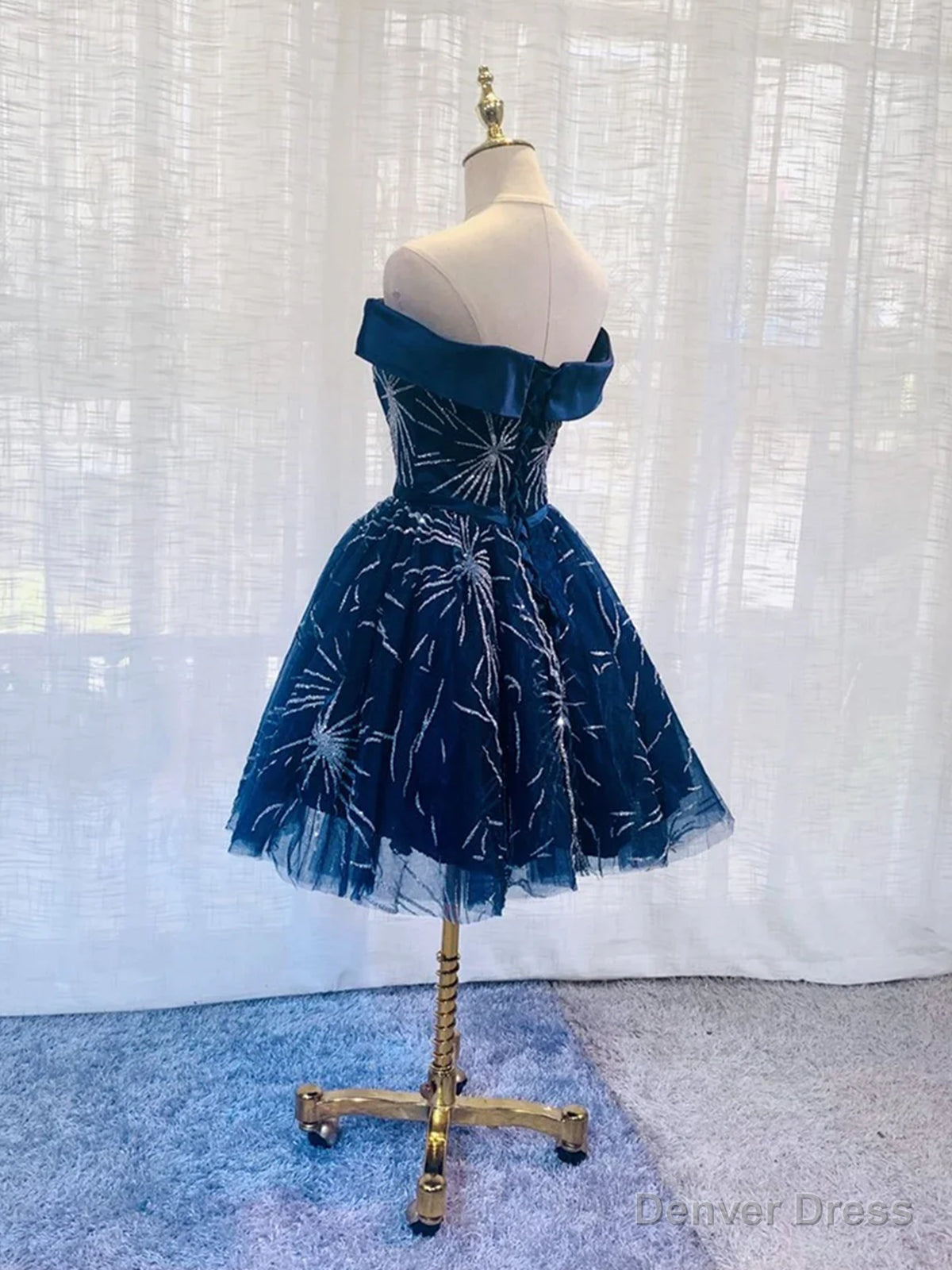 Off the Shoulder Short Navy Blue Prom Dresses, Short Dark Blue Formal