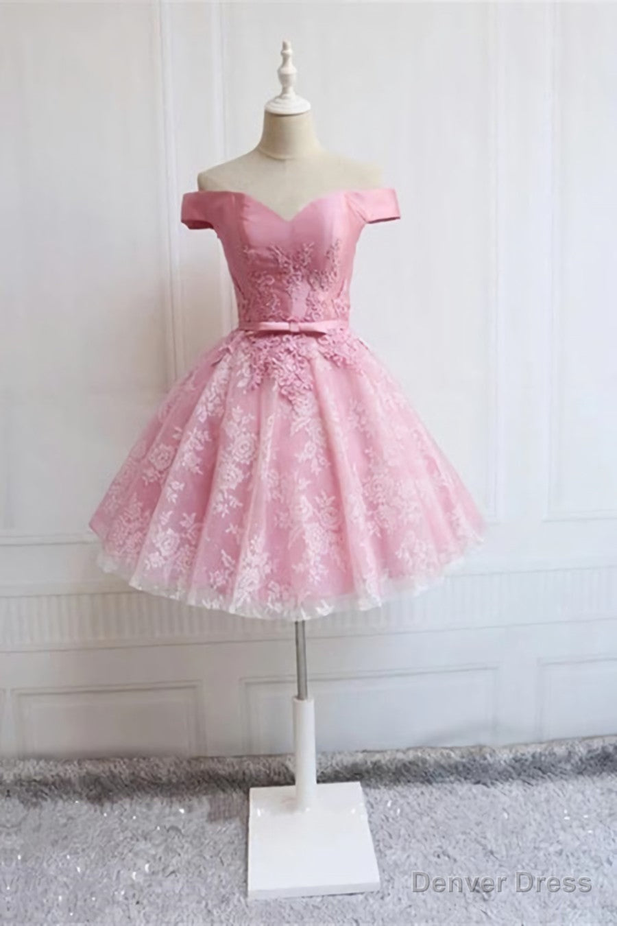 Off the Shoulder Short Pink Lace Prom Dress, Short Pink Lace Graduation Homecoming Dresses