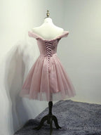 Off the Shoulder Short Pink Tulle Prom Dress, Short Pink Prom Bridesmaid Dresses