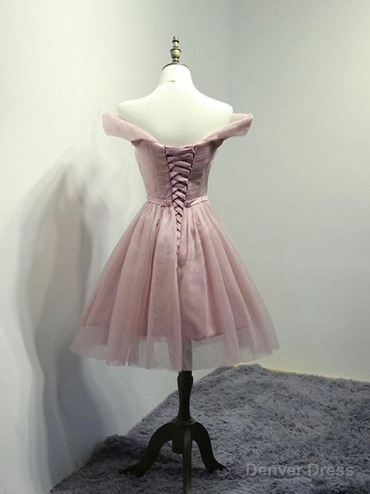 Off the Shoulder Short Pink Tulle Prom Dress, Short Pink Prom Bridesmaid Dresses