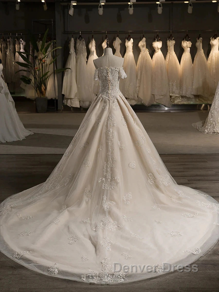 Off-The-Shoulder Short Sleeves Tulle Applique With Beading Court Train Ball Gown Wedding Dresses Secondary image