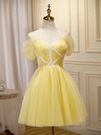 Off the Shoulder Short Yellow Prom Dress, Off Shoulder Short Yellow Prom Graduation Dresses