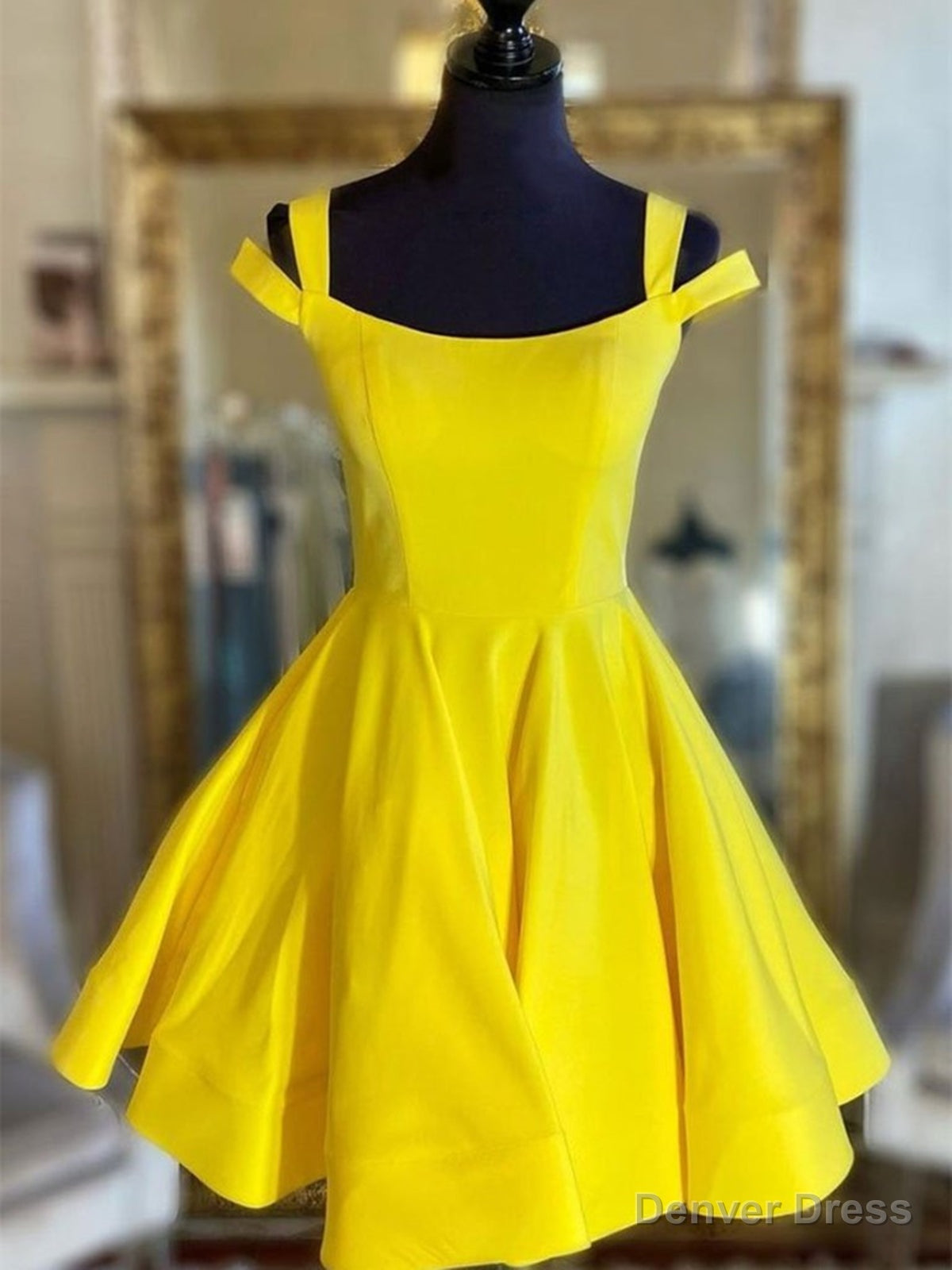 Off the Shoulder Short Yellow Satin Prom Dresses, Short Yellow Satin Formal Homecoming Dresses Main image