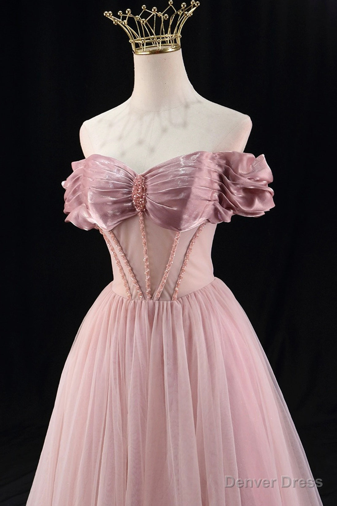 Off the Shoulder Sweetheart Beaded Tulle Long Prom Dress, A Line Pink Prom Dresses Secondary image