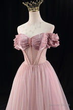 Off the Shoulder Sweetheart Beaded Tulle Long Prom Dress, A Line Pink Prom Dresses