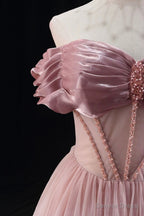 Off the Shoulder Sweetheart Beaded Tulle Long Prom Dress, A Line Pink Prom Dresses