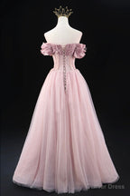 Off the Shoulder Sweetheart Beaded Tulle Long Prom Dress, A Line Pink Prom Dresses